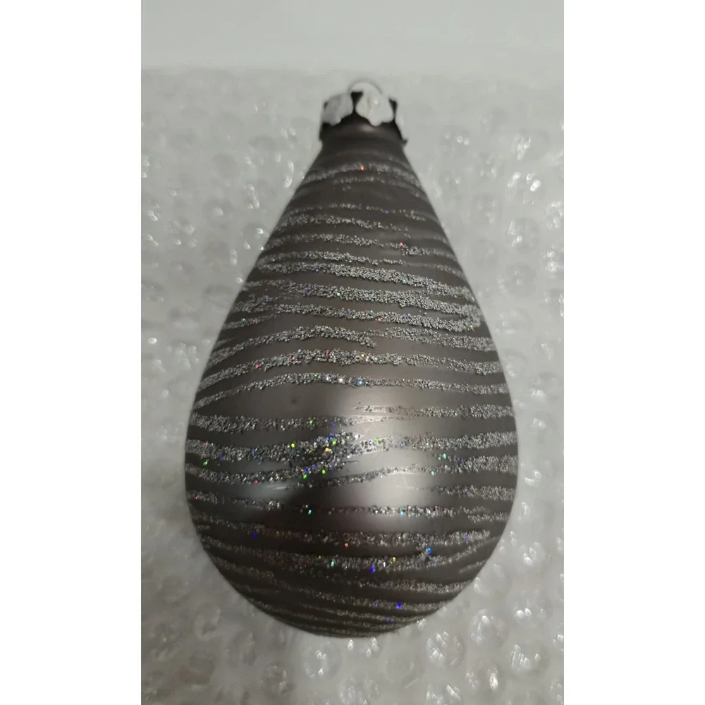 Large Vintage Silver Glitter Teardrop Christmas Ornament Striped Onion Shape